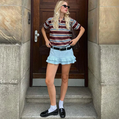 Fashion Stripe Women's T-shirt Casual Short Sleeve Female All Match Polo Shirts Summer New Ladies Loose Tops High Street