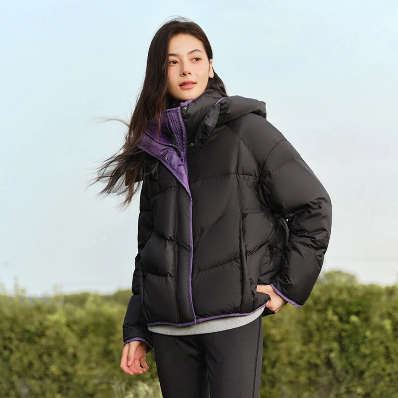 Down Jacket Women Loose Contrasting Colors  New Winter Hooded Puffer Jacket Trendy Personality Fashionable