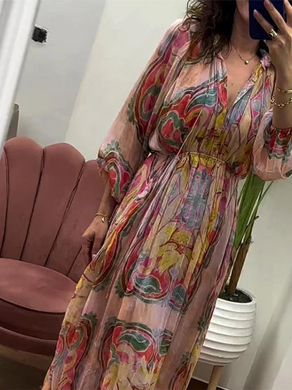 Retro Print Elegant Pleated Lantern Long Dress Sleeve V-neck Single Breasted Dress A-line Casual High Waist Women Summer Robe
