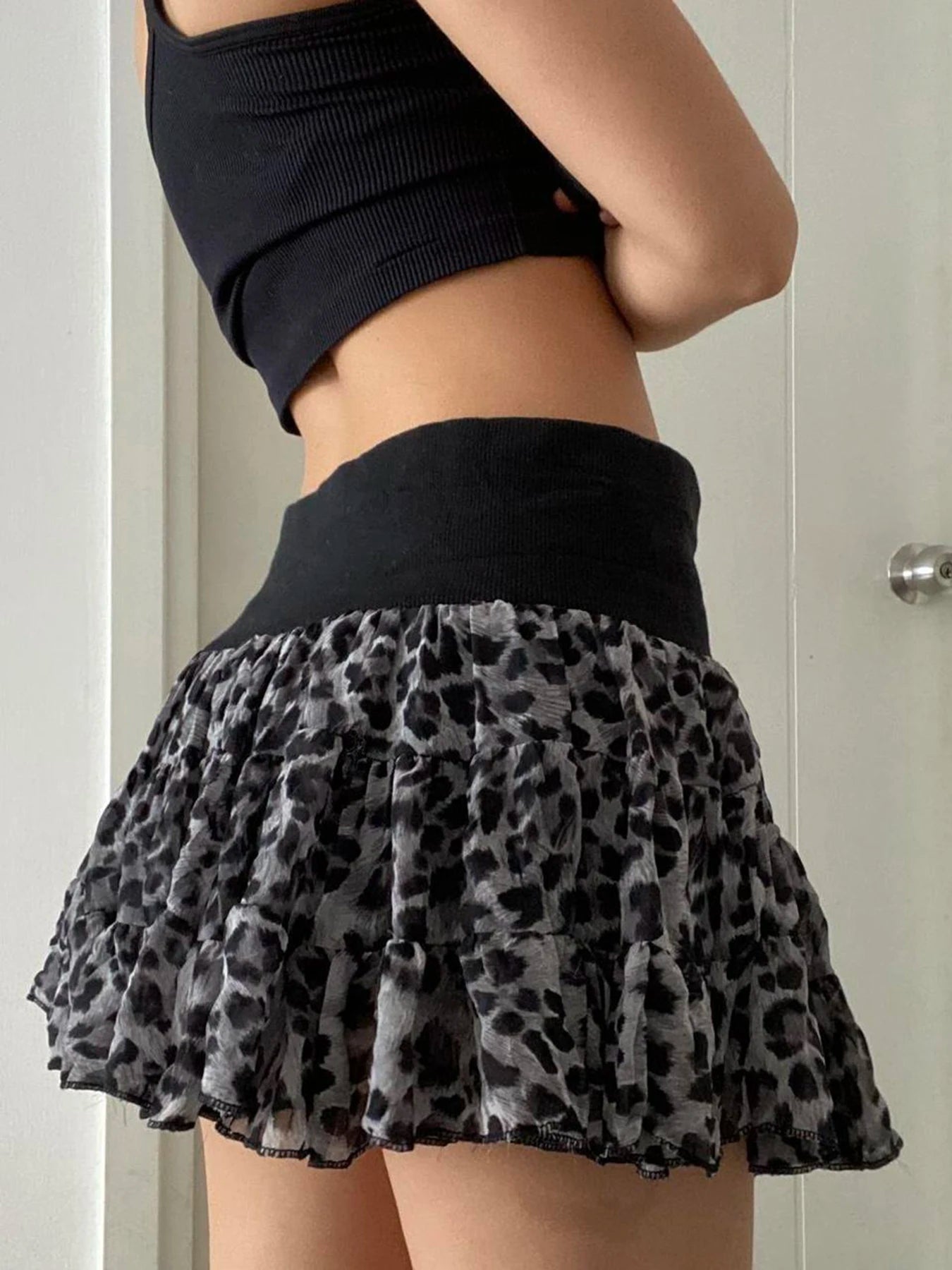 Y2k Leopard Contrast Patchwork Puff Skirt Women s Trendy Clothes All-Match Chiffon Mini Skirt Hotsweet