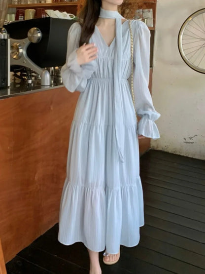 Elegant Autumn Midi Dresses for Women V-neck Flare Sleeves A-line Solid Korean Fashion Casual French Vintage Vestidos Mujer New