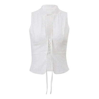 y2k Tank Top Clothes White Flower Embroidery Mock Neck Front Cutout Sleeveless T Shirt Vest Streetwear