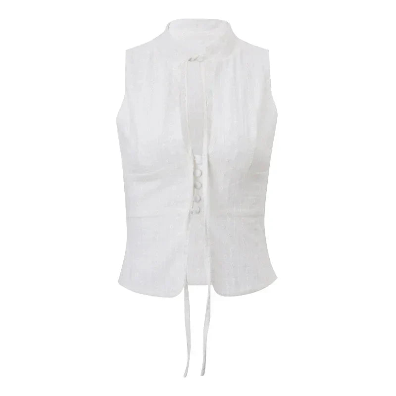 y2k Tank Top Clothes White Flower Embroidery Mock Neck Front Cutout Sleeveless T Shirt Vest Streetwear