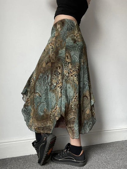Vintage Aesthetic Floral Print Asymmetrical Skirts Women Boho Vacation Lace Two Layers Mesh Long Skirt Y2K