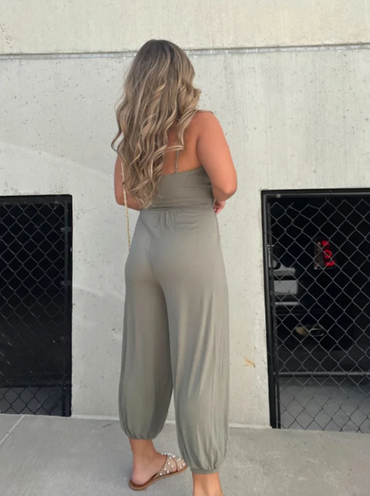 Women's Classic V-neck Jumpsuit with Drawstring Closure  | Ideal for Spring/Summer