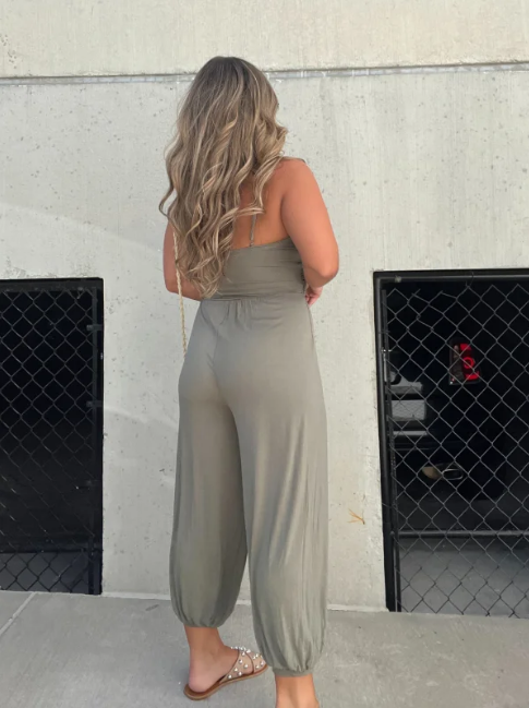 Women's Classic V-neck Jumpsuit with Drawstring Closure  | Ideal for Spring/Summer