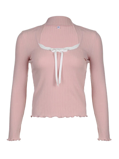 Japanese Kawaii Sweet Pink Knitted Ribbed Tee Contrast Lace Tie Bow Square Collar Long Sleeve Basic Spring Autumn T Shirt Women