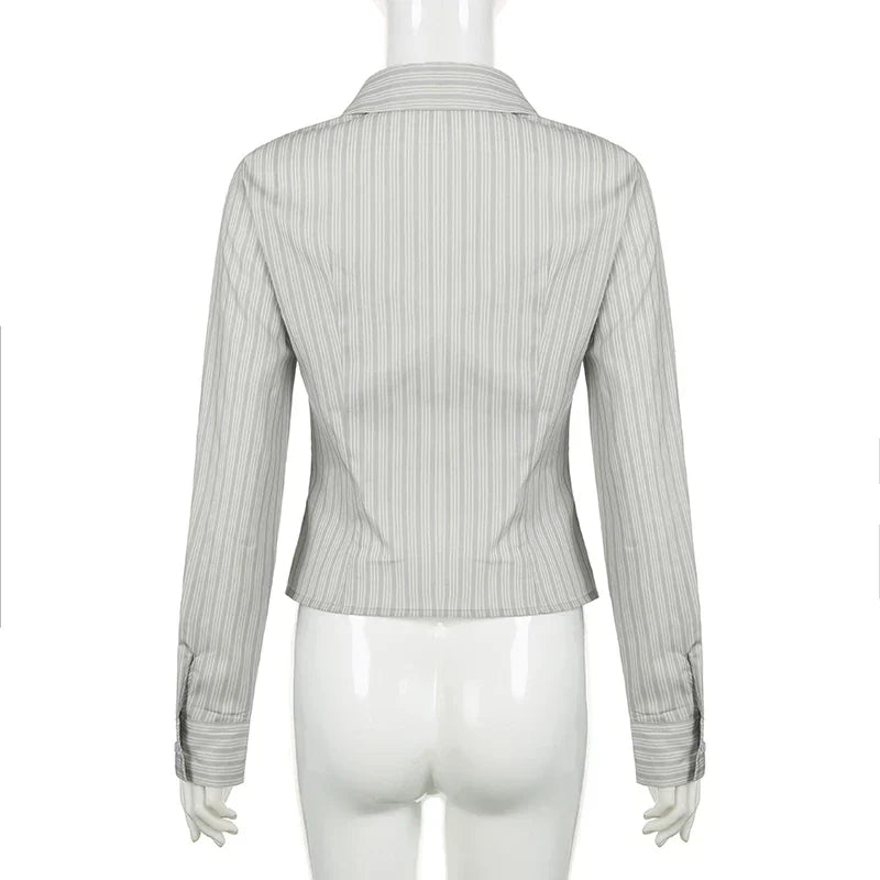 Voguable Striped Blouses Office Ladies Y2K Aesthetic Vintage Buttons Up Lapel Collar Shirts Korean Casual Tops