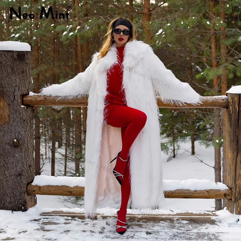 Long Eco Turkey Fur Coat Women  Winter Luxury Fashion Tassels Faux Fur Jacket Thick Warm Fluffy Outerwear Overcoat