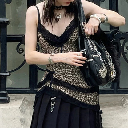 Y2K Streetwear Leopard Lace Patchwork Camis Top Gothic Style V-neck Bow Trim Tank Tops Fashion Aesthetic Vest Girls
