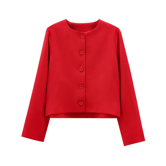 Elegant Slim Fit Women's Jacket Round Neck Single Breasted Long Sleeve Short Jackets Fashion Solid Color Casual Coat Outerwears