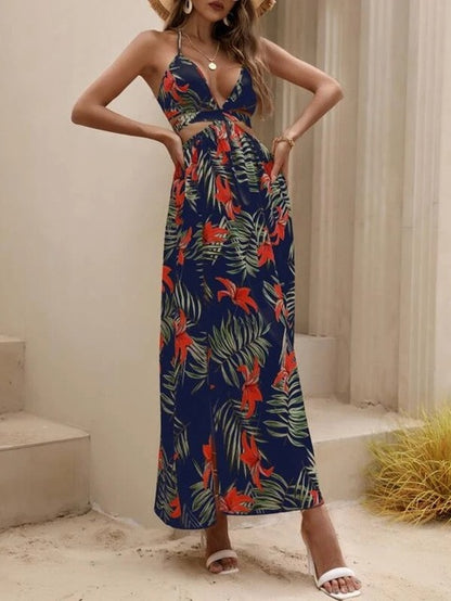 Print Halter Neck Slit Dresses Women Sexy Deep V-neck Hollow Out Backless Bowknot Leace-up Long Dress Female Streetwear Vestidos