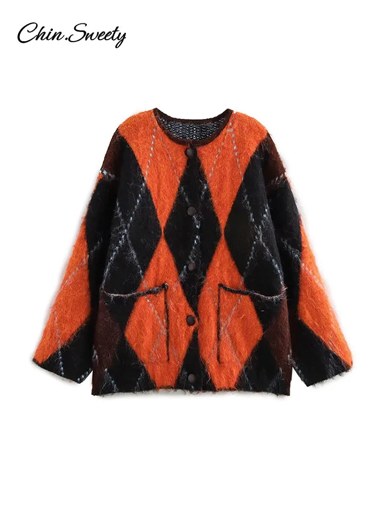 Mohair O-neck Contrast Color Knit Sweater Women Geometry Print Long Sleeve Loose Single-breasted Knitwear Lady All-match Top _