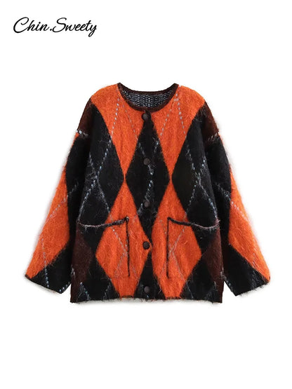 Mohair O-neck Contrast Color Knit Sweater Women Geometry Print Long Sleeve Loose Single-breasted Knitwear Lady All-match Top _