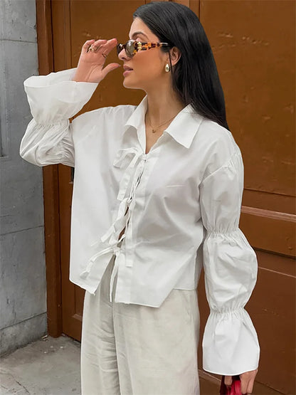 Chiffon Lace-Up Hollow Out Shirts Women’s Lapel Patchwork Bandage Long Sleeve Fashion Blouse Top Female White Outwear