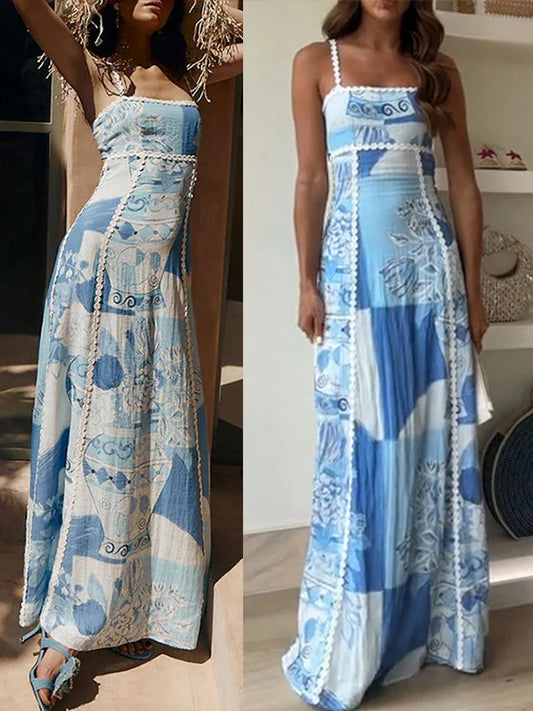 Linen Strapless Suspender Sexy Maxi Dress Women Lace Backless Large Hem Fashion Printed Long Skirt  New Holiday Vestidos