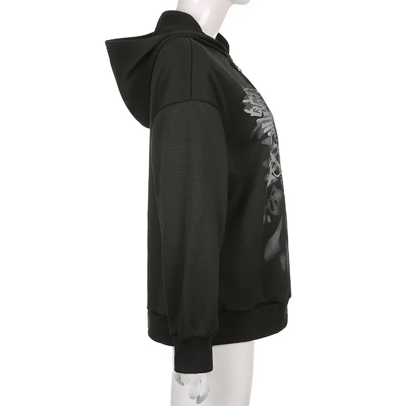 Dark personality printed hoodie female American  new black hooded zipper coat loose casual top