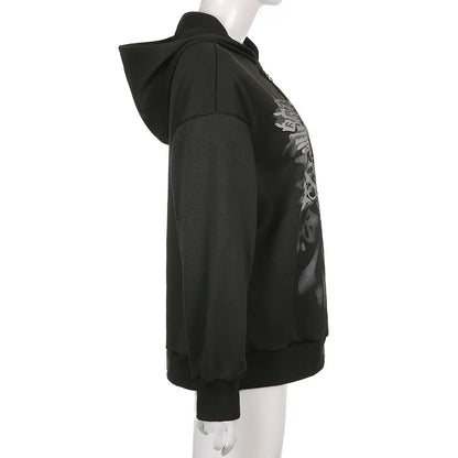 Dark personality printed hoodie female American  new black hooded zipper coat loose casual top