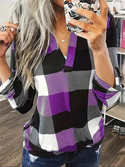 Women Spring Autumn Style Blouses Shirts Lady Casual Long Sleeve V-Neck Plaid Printed Blusas Tops DF5006