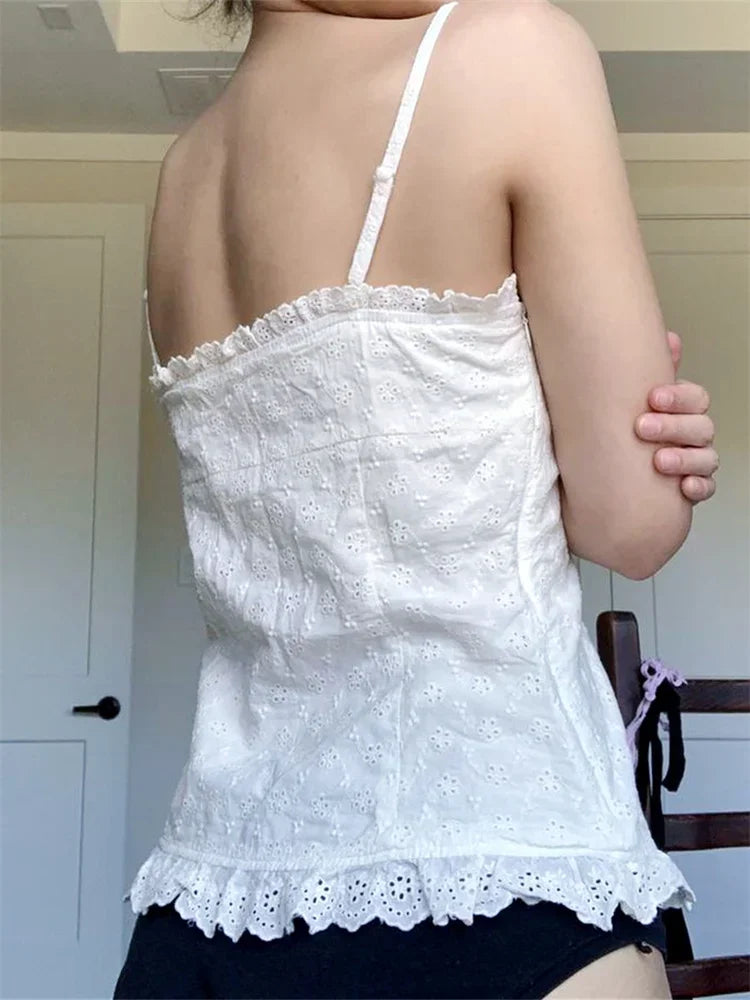 Lace White Corset Tank Tops Spaghetti Strap Sleeveless Camisole Tops Y2K Aesthetic Casual Vest Shirts Female