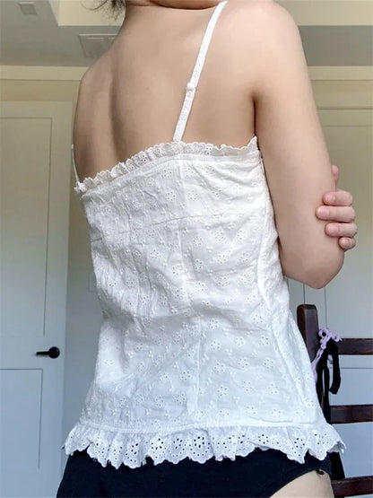 Lace White Corset Tank Tops Spaghetti Strap Sleeveless Camisole Tops Y2K Aesthetic Casual Vest Shirts Female
