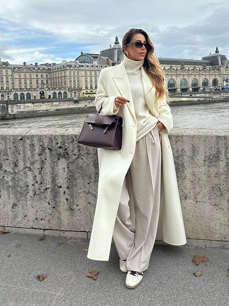 Fashion Oversize Lapel Extra Long Woolen Overcoat Women's Double Breasted Solid Cropped Overgarment Lady Commute Streetwear