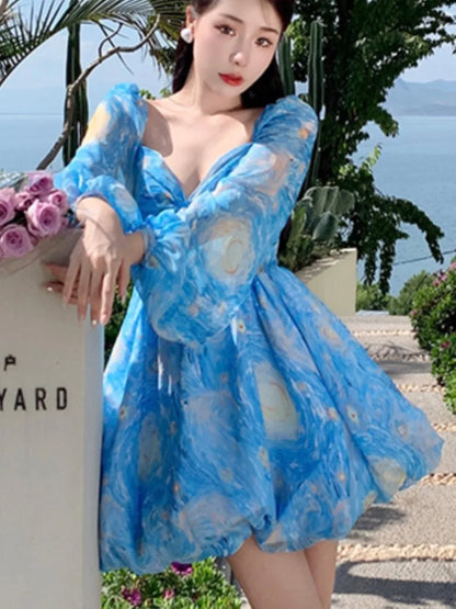 Elegant Printed Short Dresses for Women Backless Holiday Beach Style Lantern Sleeves A-line Floral Mini One Piece Vestido Mujer