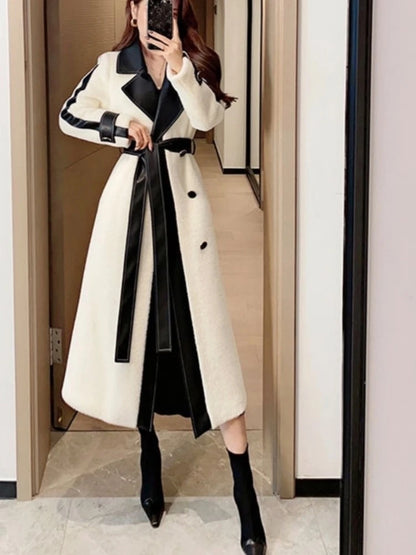 Autumn Winter Chic Woolen Coat Women Patchwork Long Jackets with Belt Lapel Korean Fashion Female Outerwear New Soft Overcoat