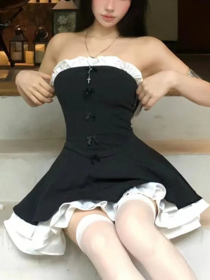 Y2K Birthday Party Dress Strapless Patchwork Ruffles A-line Short Dresses for Women French Ball Gown One Piece Vestido Mujer