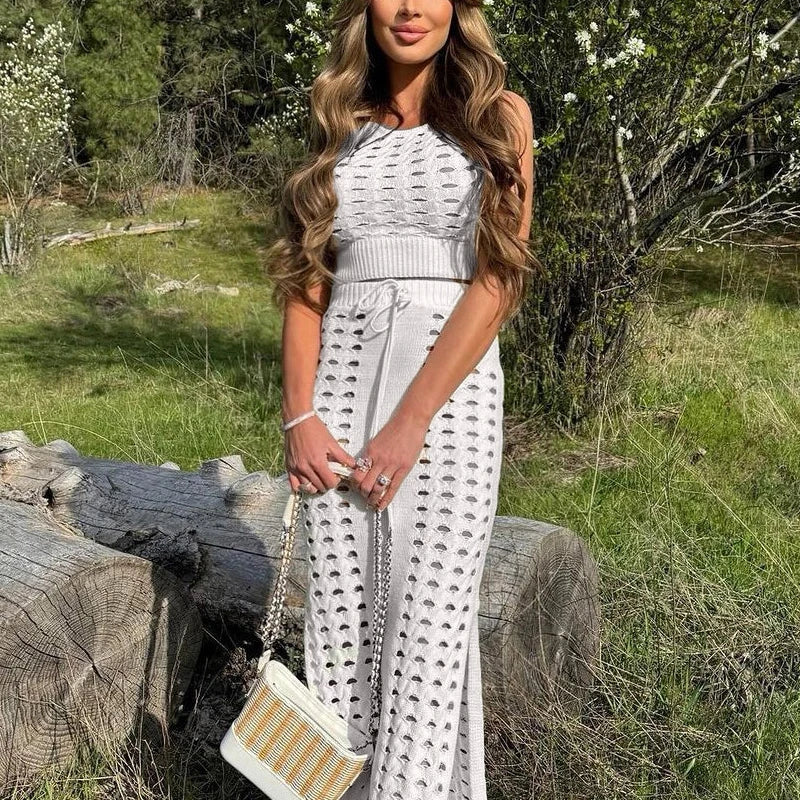 Slim Hollow Out Skirt Suit Knitted For Women Sleeveless Strapless Top Summer New High Waisted Lace Up Split Long Skirt