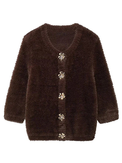 Faux Fur Half Sleeve Cardigans Women Single Breasted O-neck Loose Casual Wine Red Sweater Female Furry Autumn Chic Tops