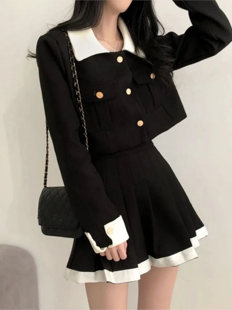 Korean Chic Two-piece Skirt Sets Patchwork Long Sleeves Cropped Top High Waist Pleated Mini Skirt Autumn Winter Y2K New Outfits