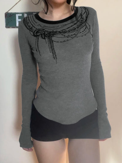 Solid Chain Print O-Neck Long Sleeve Women Blouses Gothic Punk Chic Fashion Autumn Basic Trendy Top Tees