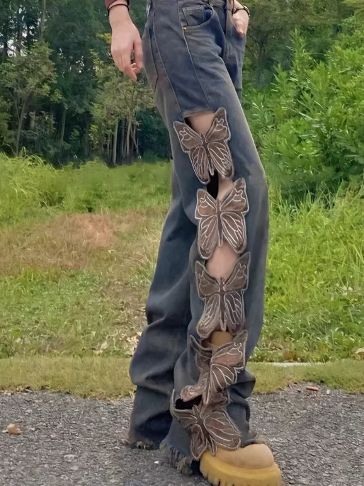 Fashion Vintage Butterfly Hollow Out Jeans