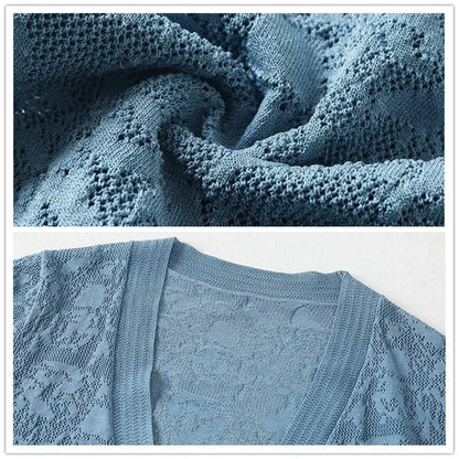 Fashion Thin Knitted Cardigan Summer Ice Silk Sun Protection Coat Women’s Short Knit Sweater Fashion Hollow Out Shawl Jacket