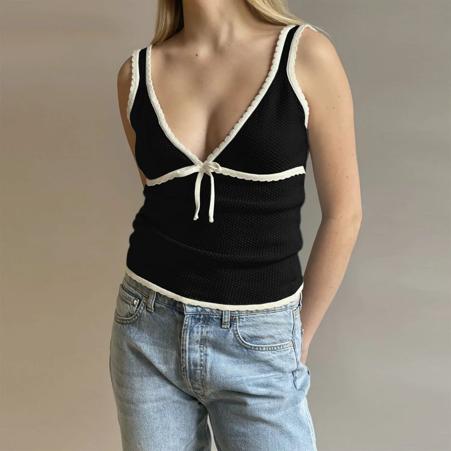 Retro Deep V Neck Crop Top Y2k Ruffle Vintage Tank Tops WoTie Up Bow Knitted Woman Backless Cute Tops New