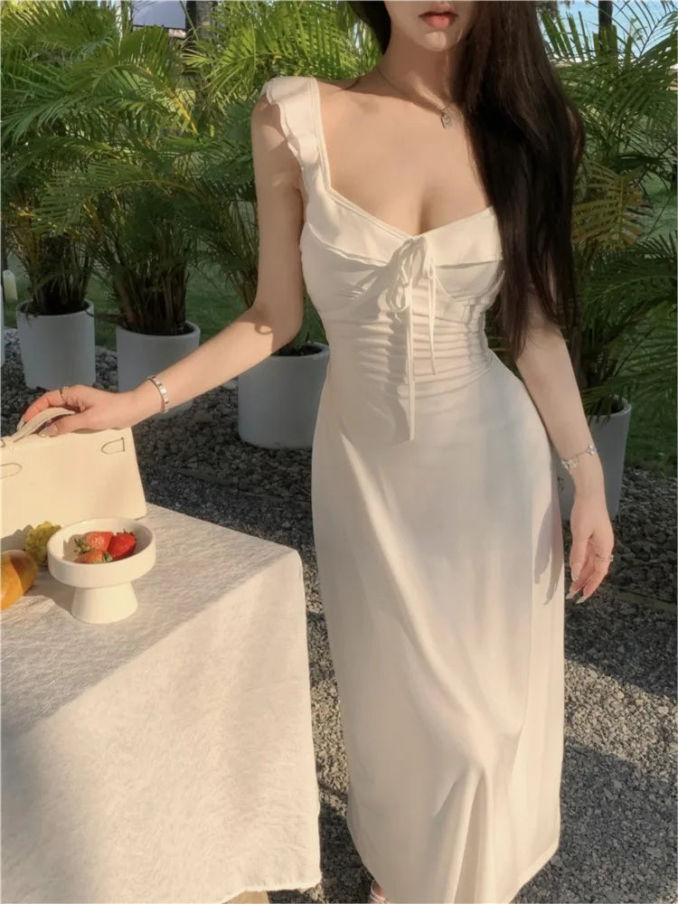 Spaghetti Strap Knitted Dresses for Women Lace-up Slim Solid Square Collar Elegant Sexy Korean Fashion Vestidos Mujer New