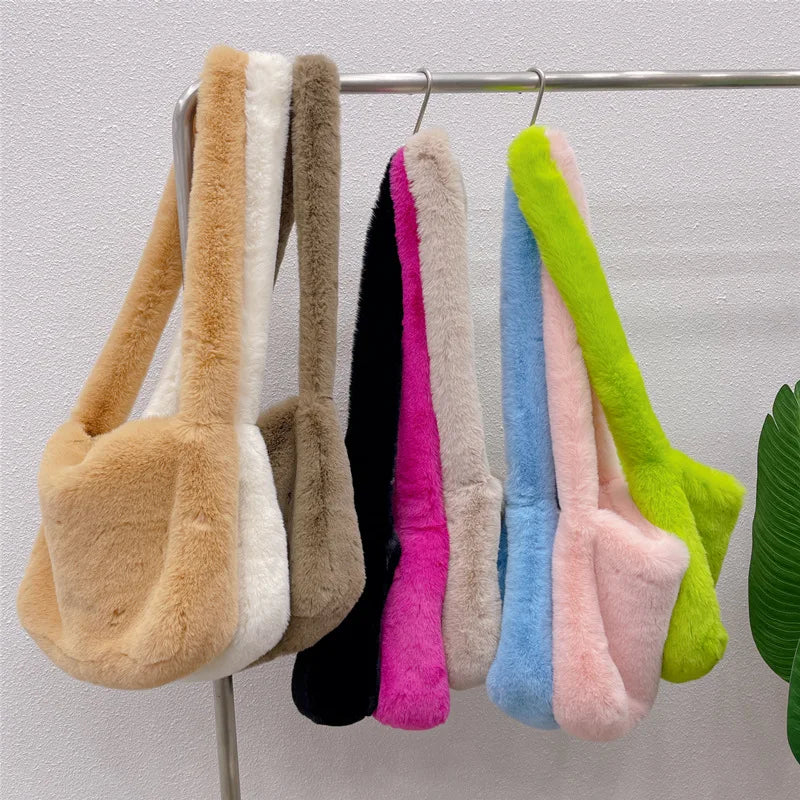 2000s Y2k Hot Girls Candy Color Rose Pink Plush Crossbody Shoulder Bag Women Winter Harajuku Street Fashion Faux Rabbit Fur Bags