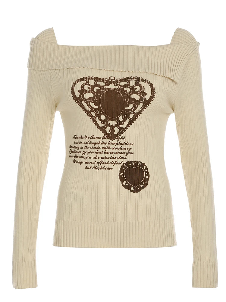 White Autumn Winter New Sweater Women Long Sleeve Y2k Retro Heart Print Top Off Shoulder Hotsweet Slim Pullovers