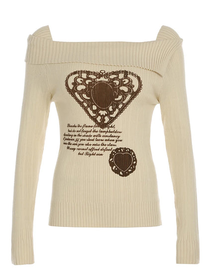 White Autumn Winter New Sweater Women Long Sleeve Y2k Retro Heart Print Top Off Shoulder Hotsweet Slim Pullovers