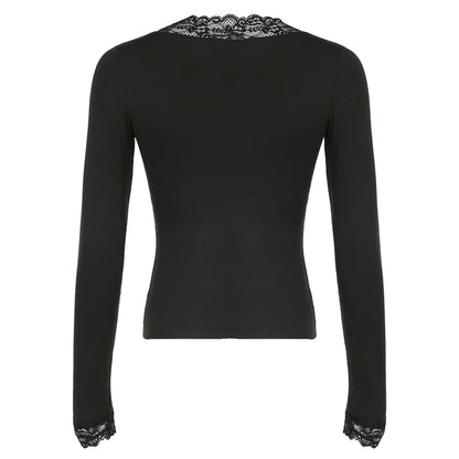 Black Lace Trim V-Neck T-Shirt Women Solid Slim Basic Long Sleeve Top Tees All-Match Autumn New