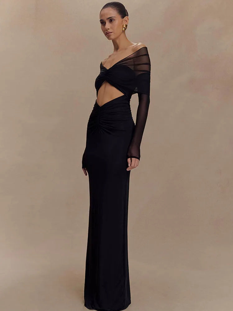 Hollow Out Ruched Maxi Prom Dress