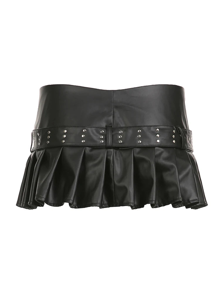 Punk Gothic Zipper Split Black PU Leather Pleated Skirt With Rivet Belt Women Sexy Baddie Outfits