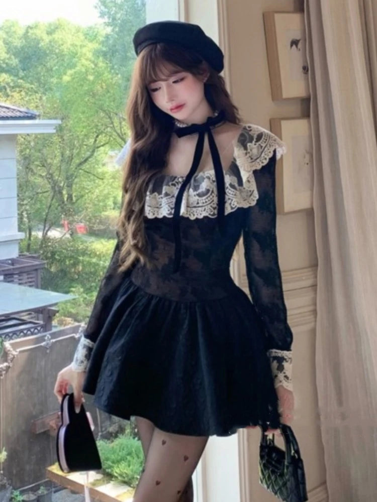 French Black Short Dresses for Women Lace Patchwork Long Sleeve A-line Birthday Party Dress Korean Fashion Mini Vestidos New