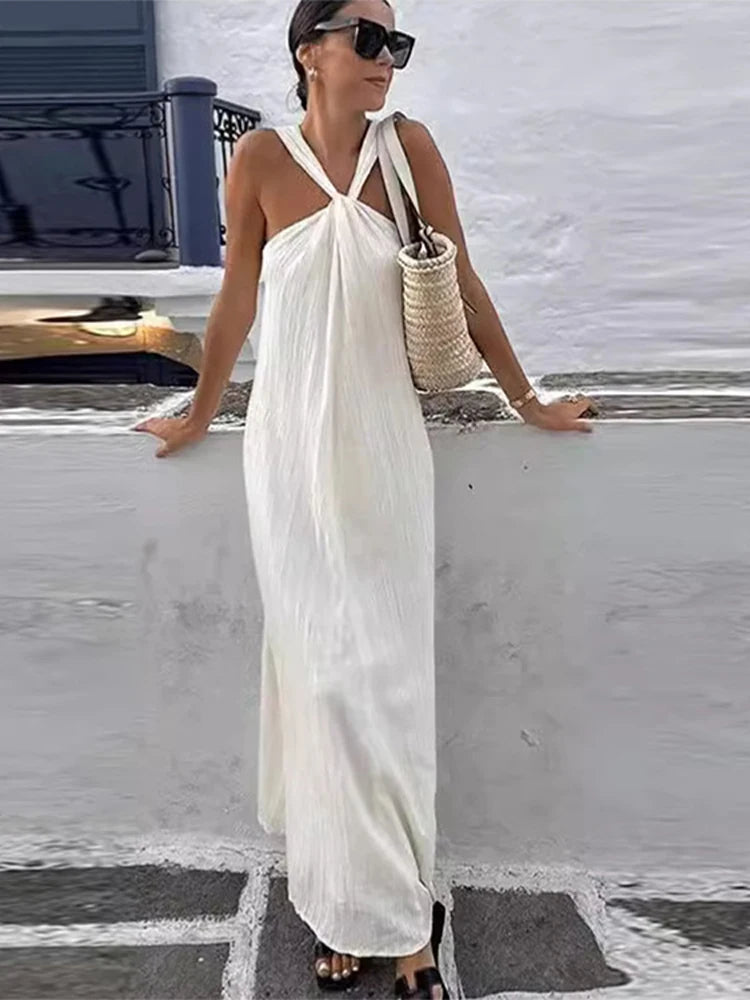 Elegant Solid Halter Women Long Dress Sleeveless Backless Female Maxi Dress  Spring Summer New Fashion Lady High Street Robe
