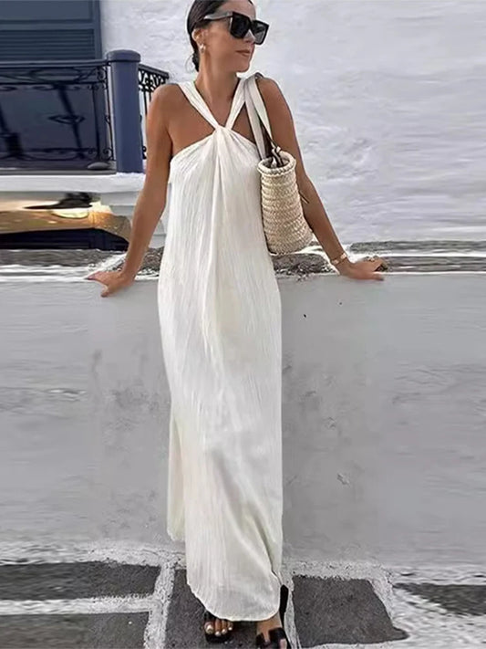 Elegant Solid Halter Women Long Dress Sleeveless Backless Female Maxi Dress  Spring Summer New Fashion Lady High Street Robe