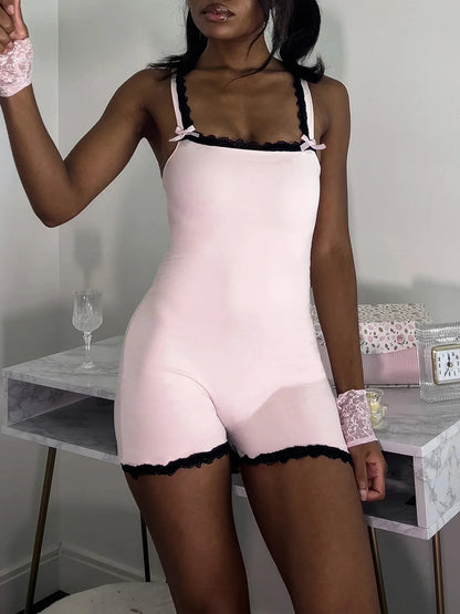 Contrast Lace Patchwork Square Collar Skinny Sexy Straps Rompers Womens Playsuits Sweet Cute Y2K Clothing