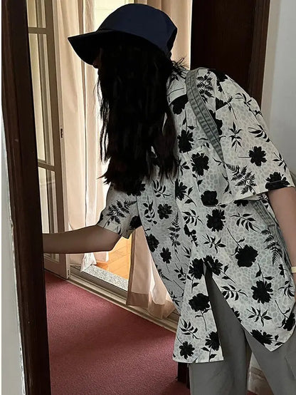 Retro loose casual temperament printed short-sleeved shirt for in lazy slim versatile floral shirt casual y2k tops