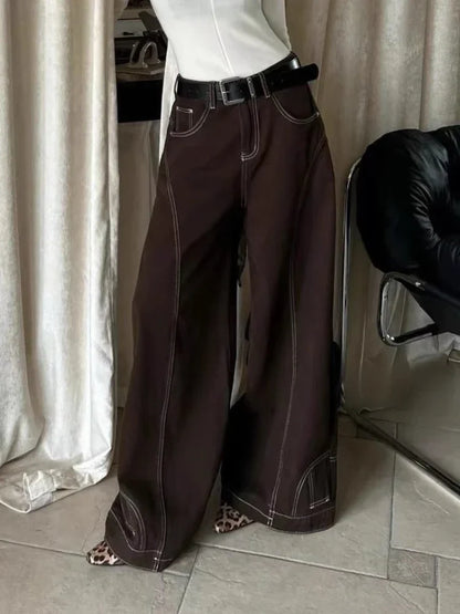 Vintage Brown Wide Leg Jeans Women Y2k High Street Baggy Denim Trousers Grunge Hip Hop American Retro Oversized Jeans