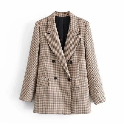 British Style Retro Plaid Blazer Suit Women Simple Mid Length Double Breasted Casual Office Blazers Lady Work Commute Suit